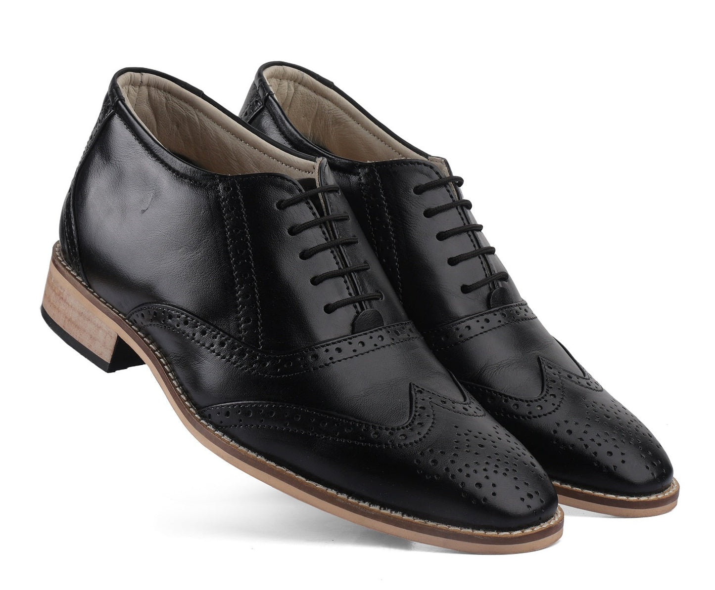 Elevator Shoes : 3″Inches Hidden Height Increasing Black leather Brogue Shoes.