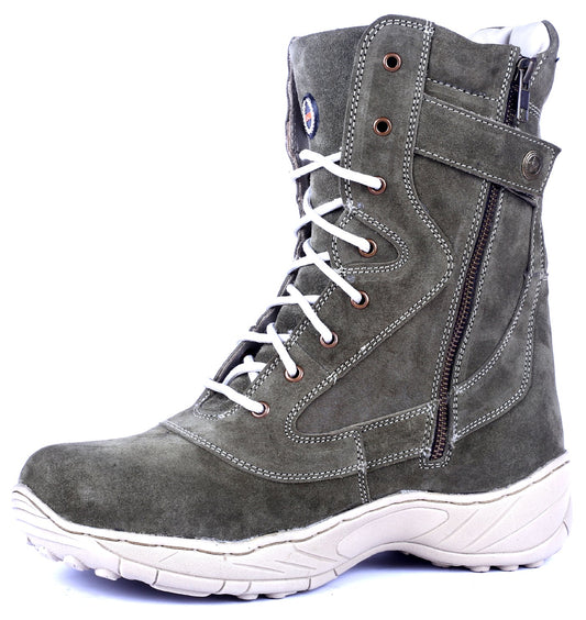 Biker Boots : Green Suede leather Rider boots for bikers with Side chain & Memory foam footpad.