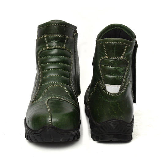 Biker Boots : Green leather Rider boots for bikers with Steel toe