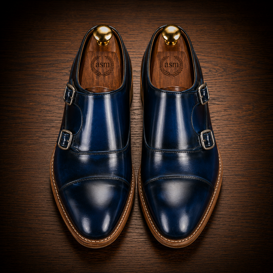Goodyear Welted Monk Strap Shoes : Blue Brush off leather with Memory foam footpad.
