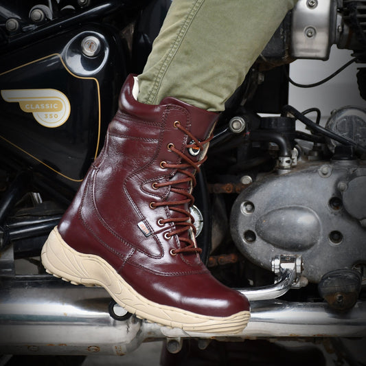 Biker Boots : Cherry leather Rider boots for bikers with side chain & Memory foam footpad.