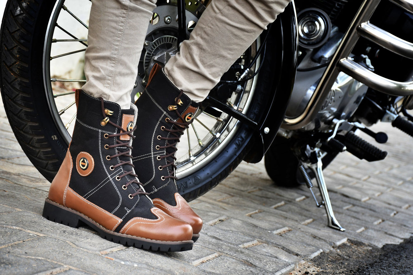 Biker Boots : Black & Tan leather Rider boots for bikers with Memory foam footpad.