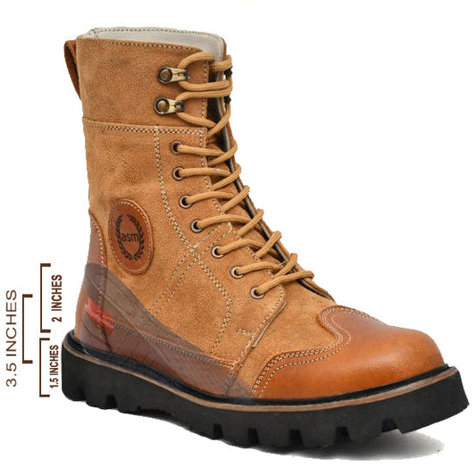 Elevator Boots : 3.5″ Inches Hidden Height Increasing Tan Rugged leather Boots.