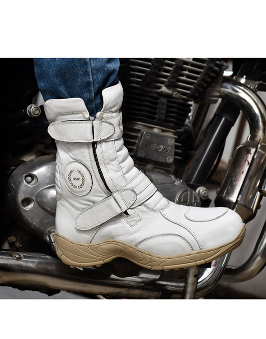 Biker Boots : Waterproof White leather Rider boots for bikers with Memory foam footpad.