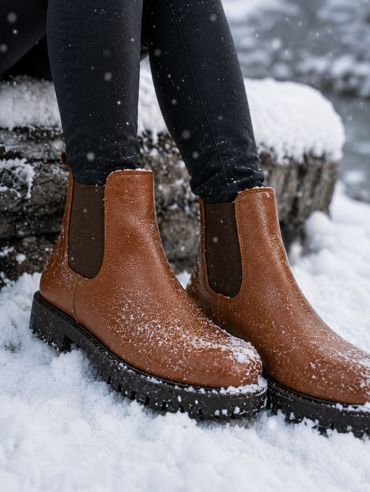 Snow Boots -Brown Leather Snow Boots with Insulation, Fur & Memory Foam Footpad. WS20-Brown