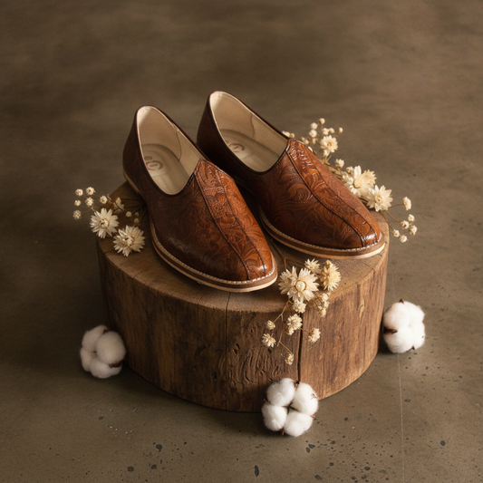 Tan Flora leather Nagras with Memory Foam Footpad - Handmade Luxury Ethnic footwear.