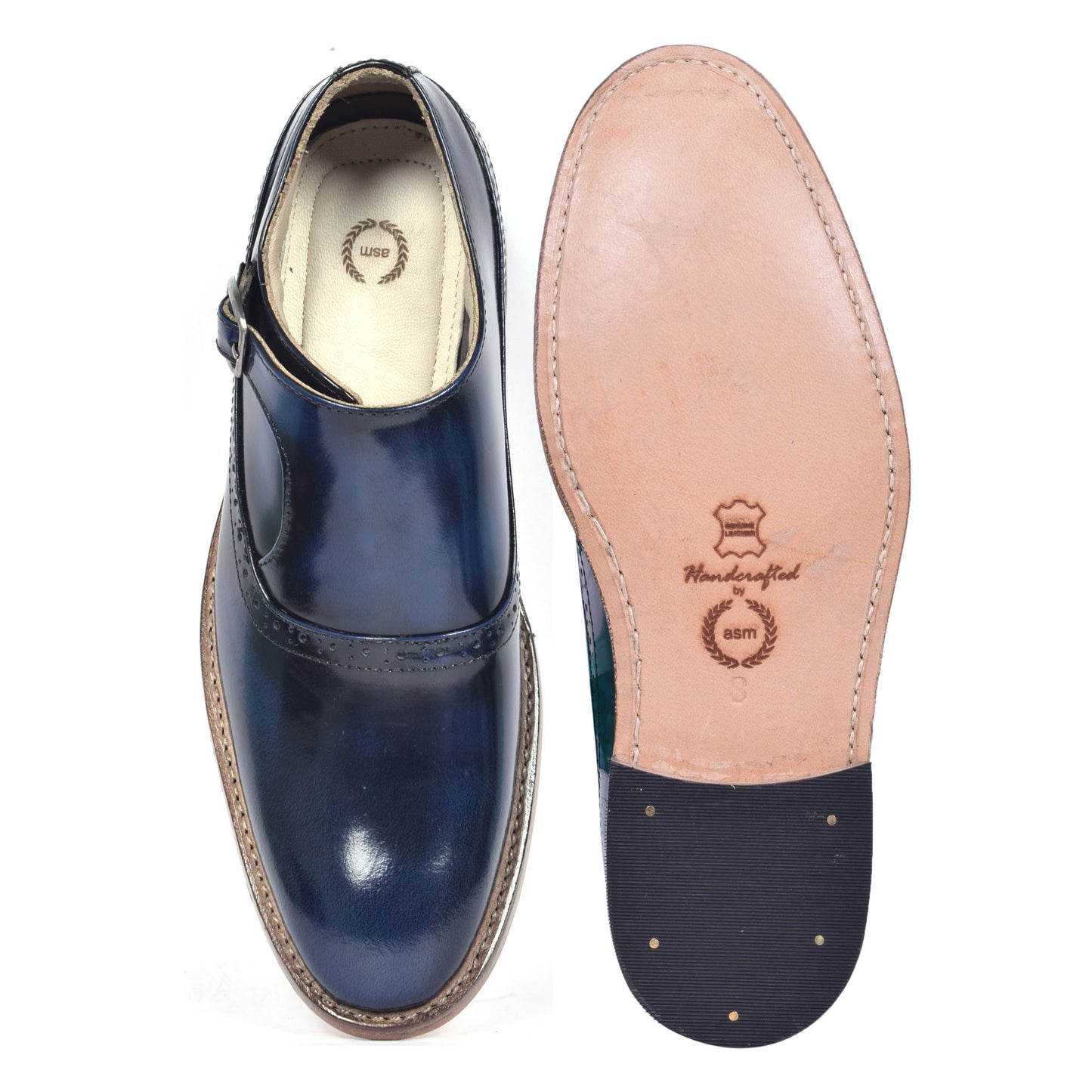 Goodyear Welted Monk Strap Shoes : Blue Brush off leather with Memory foam footpad.