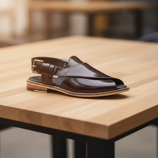 Peshawari : Wine brush off leather handmade Peshawari with Memory foam footpad. Article : P02_wineBrushoff - Agra Shoe Mart