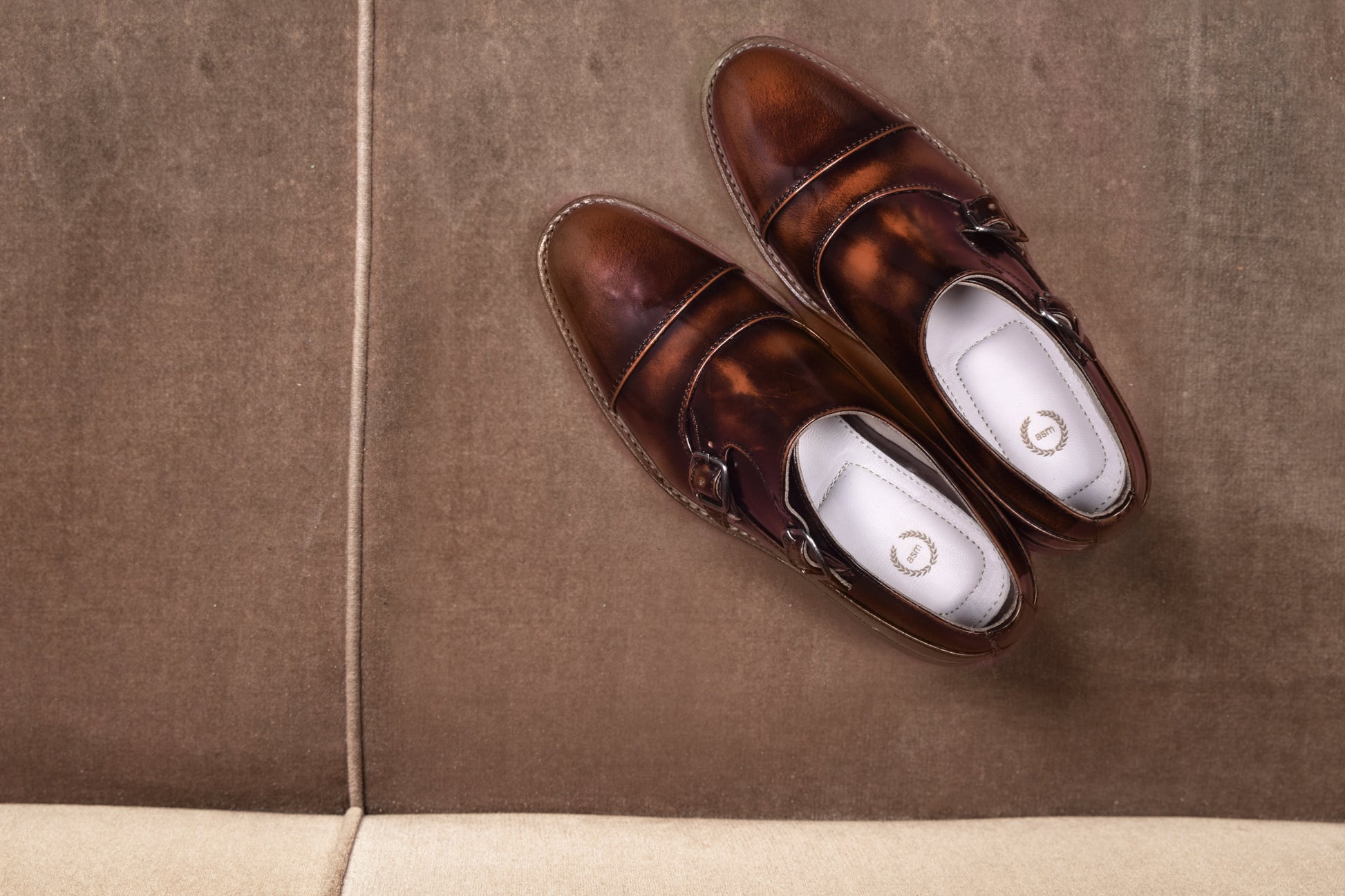 Goodyear Welted Monk Strap Shoes :  Tan Brush off leather with Memory foam footpad.