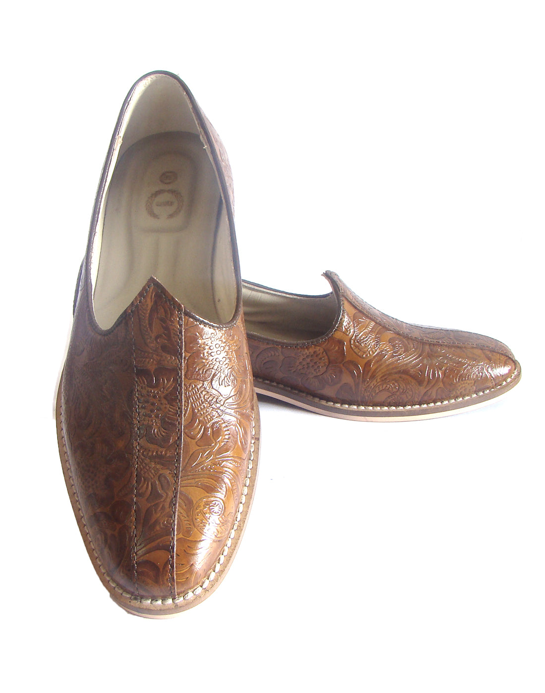 Tan Flora leather Nagras with Memory Foam Footpad - Handmade Luxury Ethnic footwear.