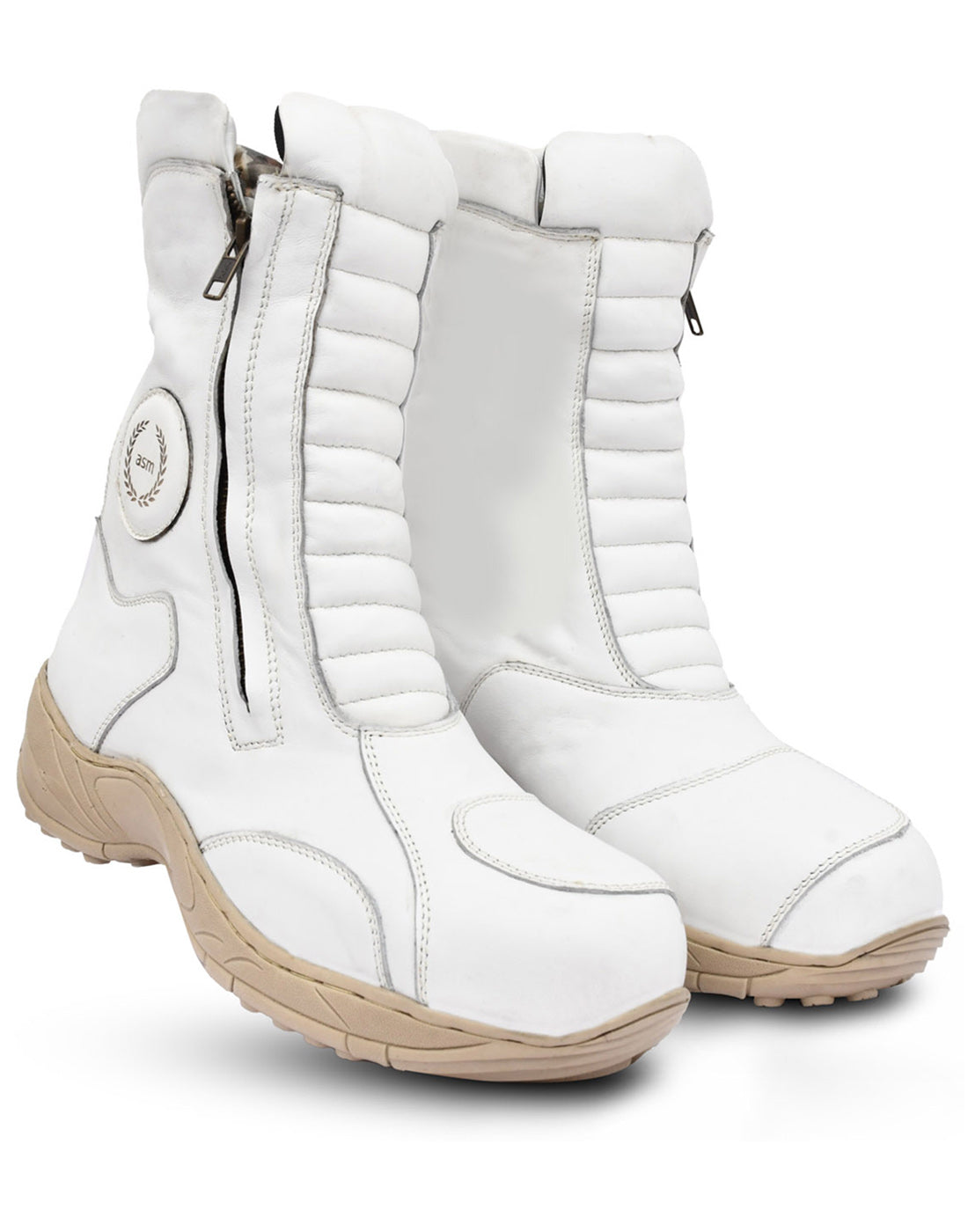 Biker Boots : Waterproof White leather Rider boots for bikers with Memory foam footpad.