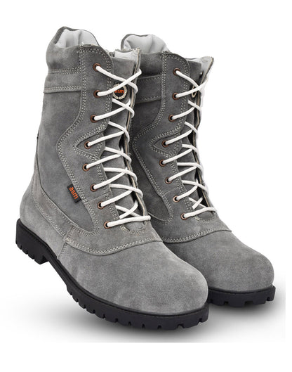 Biker Boots : Grey Suede leather Rider boots for bikers with Memory foam footpad.