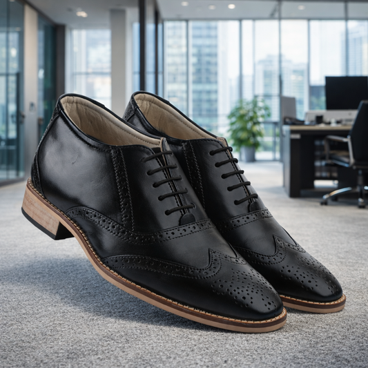 Elevator Shoes : 3″Inches Hidden Height Increasing Black leather Brogue Shoes.
