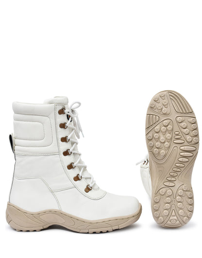 Snow Boots - White Leather Snow Boots with Fur & Memory Foam Footpad