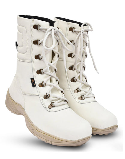Snow Boots : White Leather boots with Fur & Memory foam footpad.