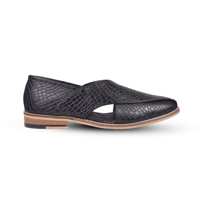 Peshawari : Black Alligator embossed leather handmade Peshawari with Memory foam footpad. Article : P01_Alligator_Black