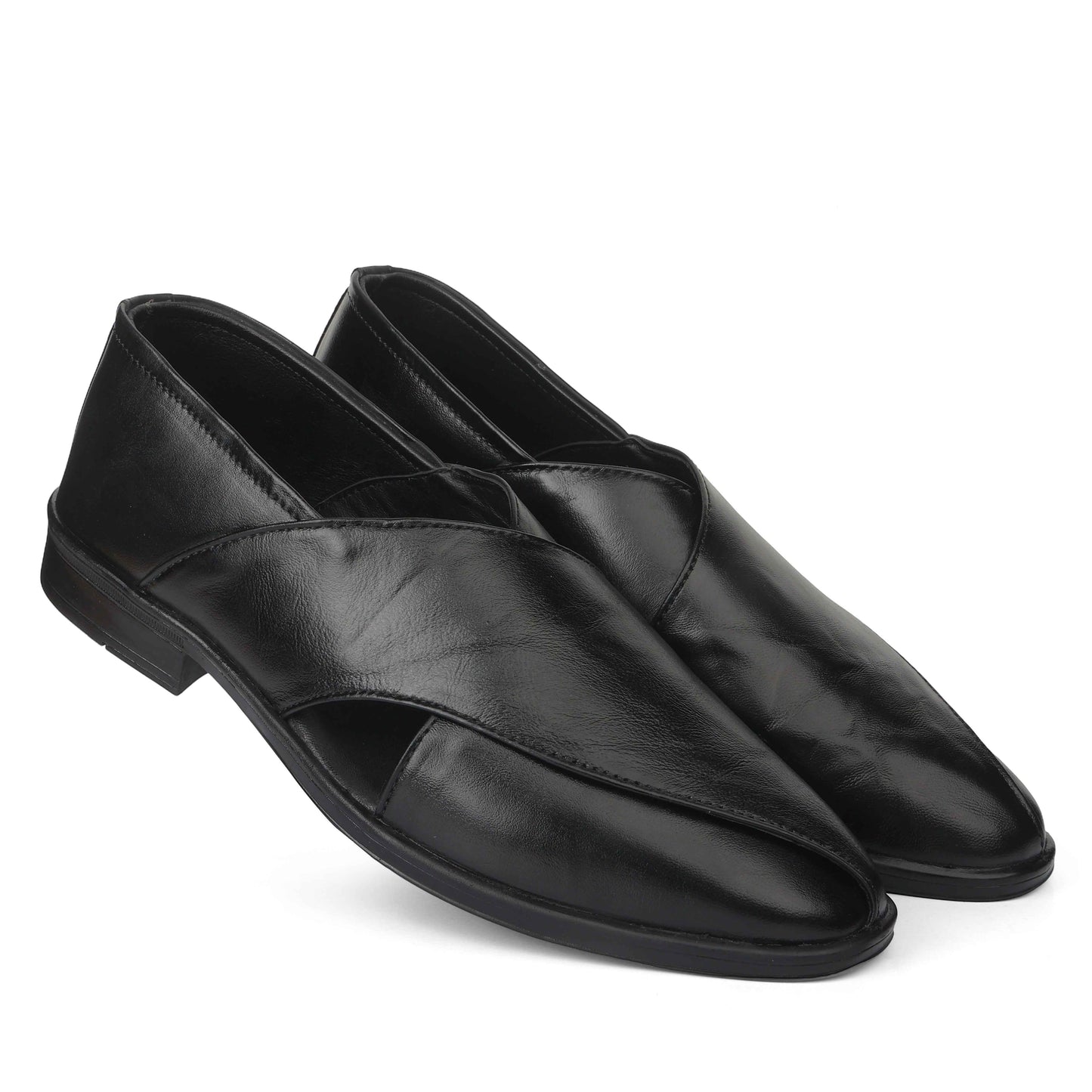 Peshawari : Black leather handmade Peshawari with Memory foam footpad. Article : P01_BlackTP