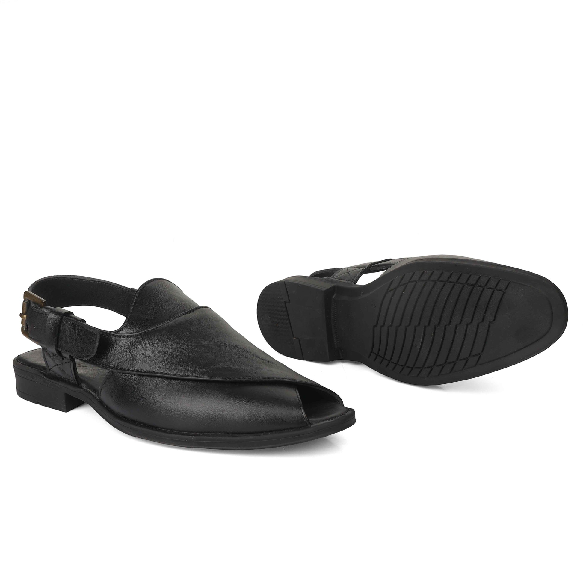 Peshawari : Black leather handmade Peshawari with Memory foam footpad. Article : P02_BlackTP