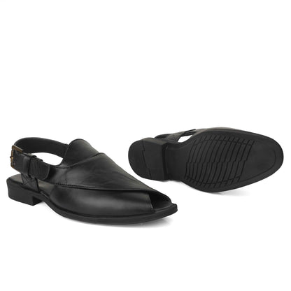 Peshawari : Black leather handmade Peshawari with Memory foam footpad. Article : P02_BlackTP