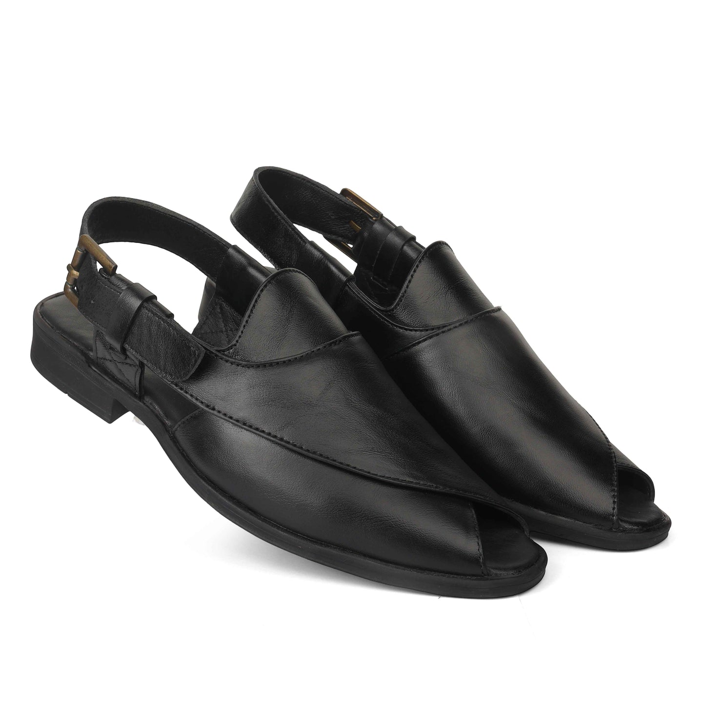 Peshawari : Black leather handmade Peshawari with Memory foam footpad. Article : P02_BlackTP