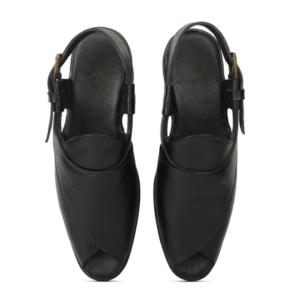Peshawari : Black leather handmade Peshawari with Memory foam footpad. Article : P02_BlackTP