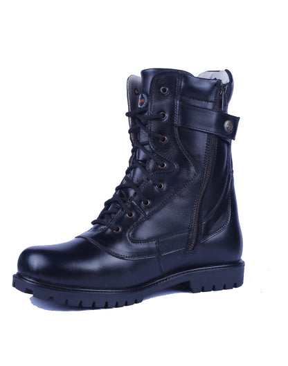 Biker Boots : Black leather Rider boots for bikers with Side chain & Memory foam footpad.