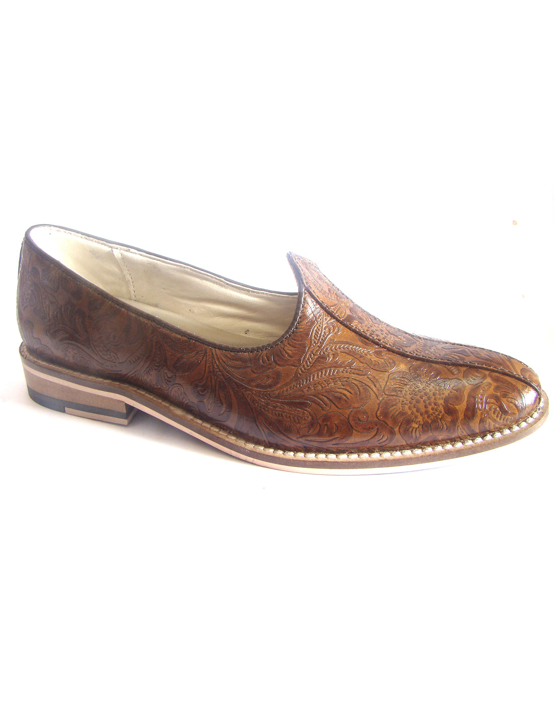 Tan Flora leather Nagras with Memory Foam Footpad - Handmade Luxury Ethnic footwear.