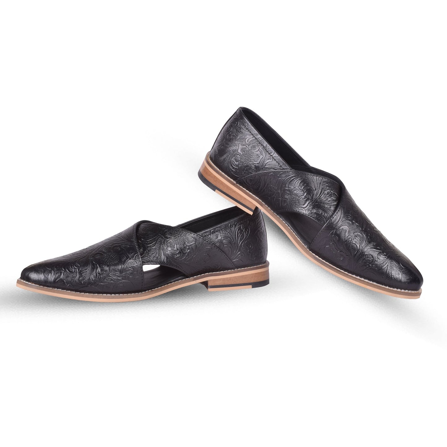 Peshawari : Black flora embossed leather handmade Peshawari with Memory foam footpad. Article : P01_Flora_Black