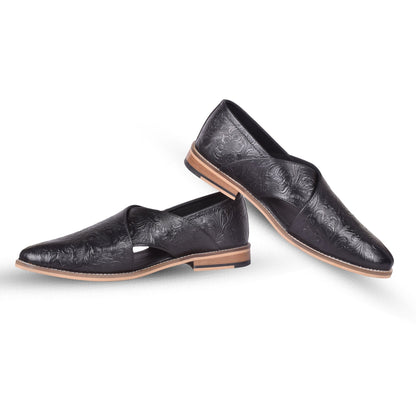 Peshawari : Black flora embossed leather handmade Peshawari with Memory foam footpad. Article : P01_Flora_Black