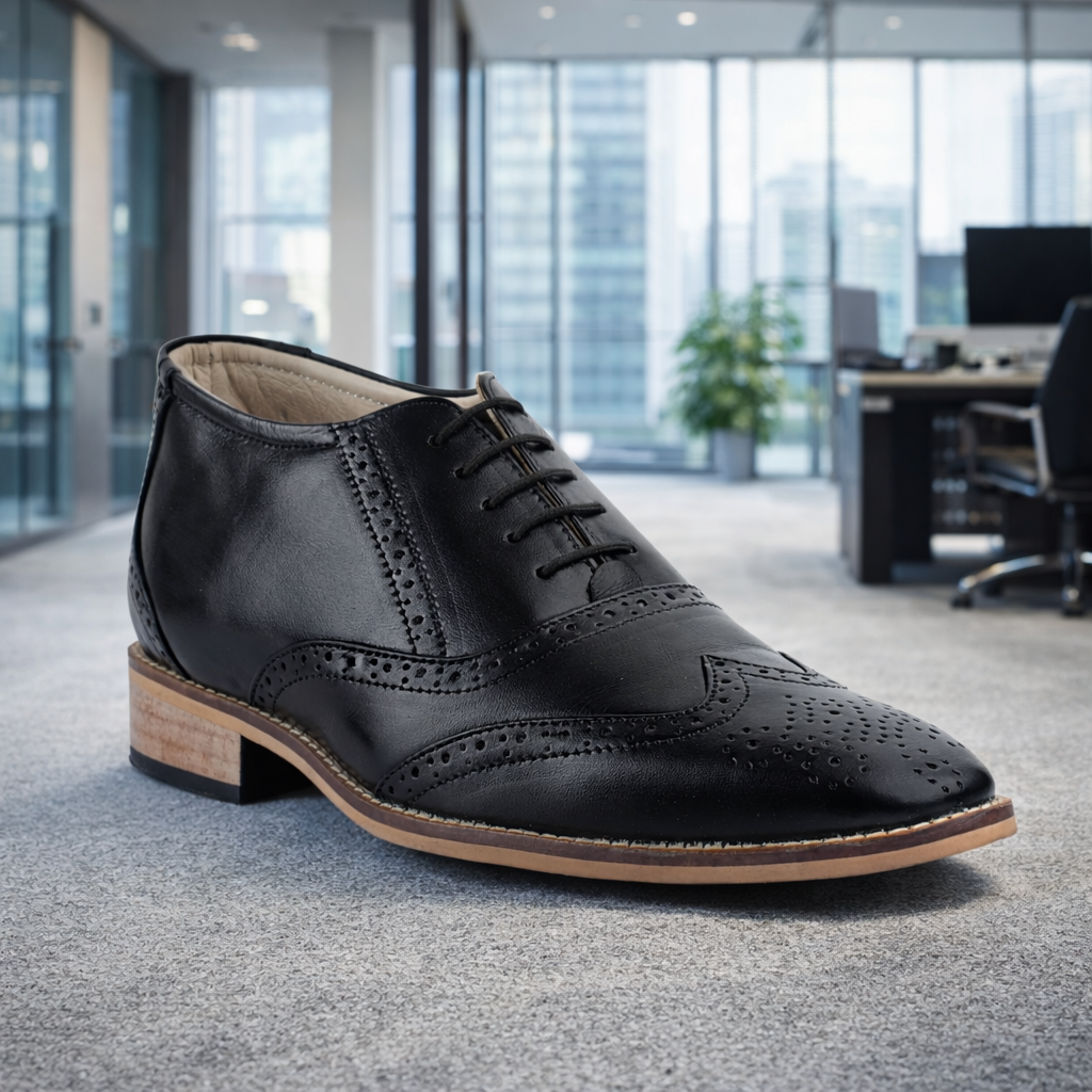 Elevator Shoes : 3″Inches Hidden Height Increasing Black leather Brogue Shoes.