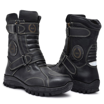 Waterproof Black Biker Boots: Durable Leather Rider Boots with Memory Foam Footpad