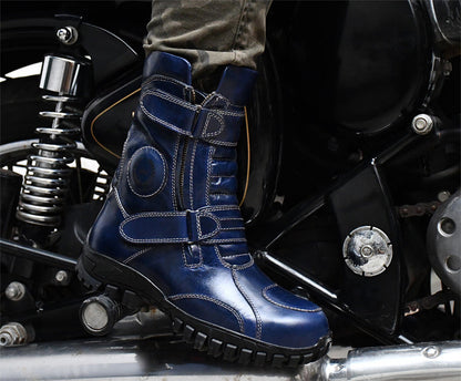 Biker Boots : Waterproof Blue Rugged leather Rider boots for bikers with Memory foam footpad.