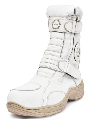 Biker Boots : Waterproof White leather Rider boots for bikers with Memory foam footpad.