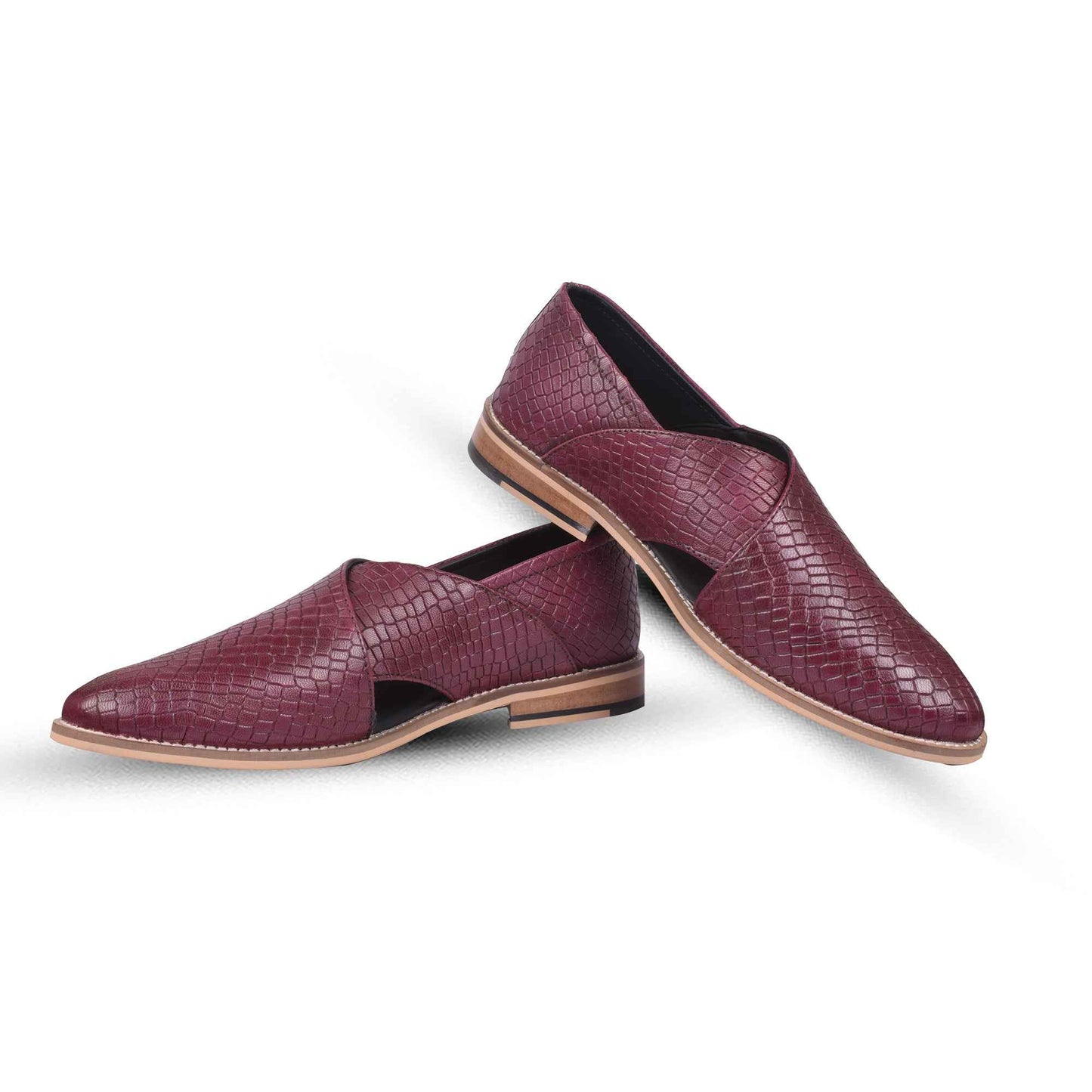 Peshawari : Alligator Wine embossed leather handmade Peshawari with Memory foam footpad. Article : P01_Alligator_Wine