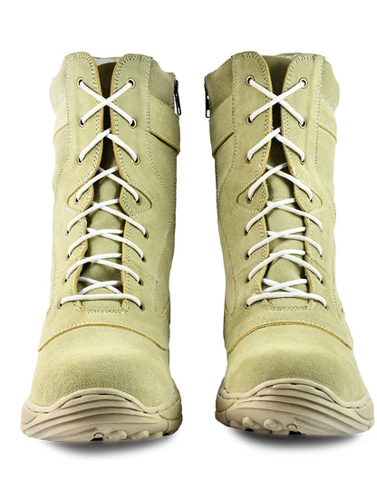 Biker Boots : Beige Suede leather Rider boots for bikers with side chain & Memory foam footpad.