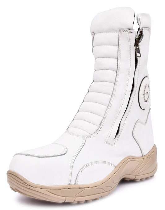 Biker Boots : Waterproof White leather Rider boots for bikers with Memory foam footpad.