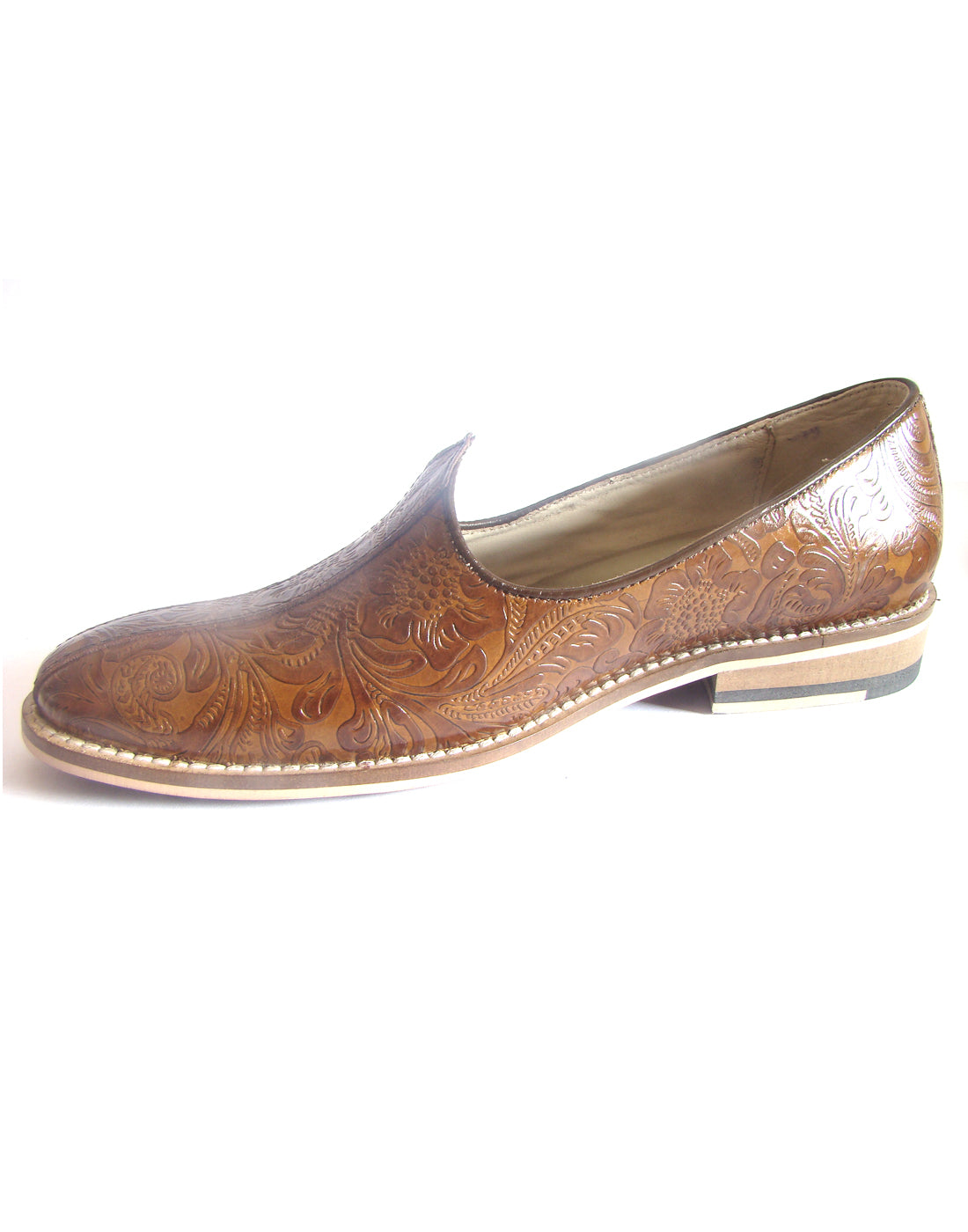 Tan Flora leather Nagras with Memory Foam Footpad - Handmade Luxury Ethnic footwear.