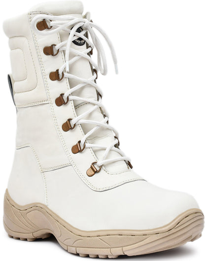 Snow Boots - White Leather Snow Boots with Fur & Memory Foam Footpad