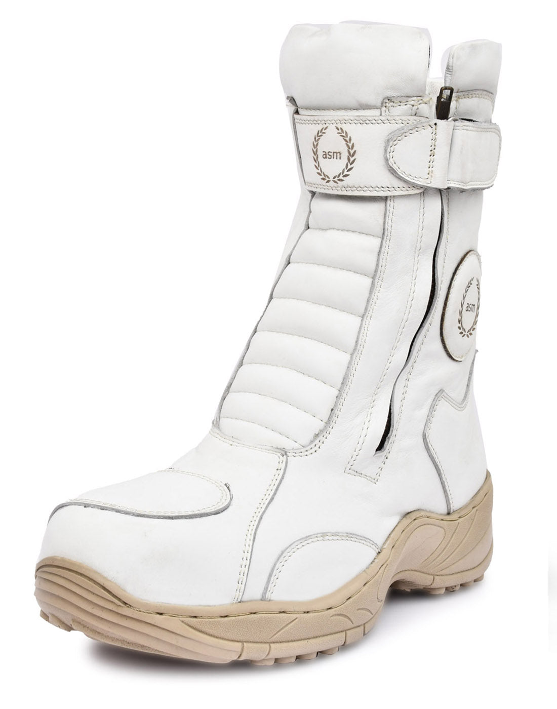 Biker Boots : Waterproof White leather Rider boots for bikers with Memory foam footpad.