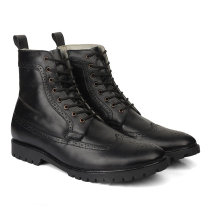 Elevator Boots : 3″Inches Hidden Height Increasing Black leather Brogue Shoes.