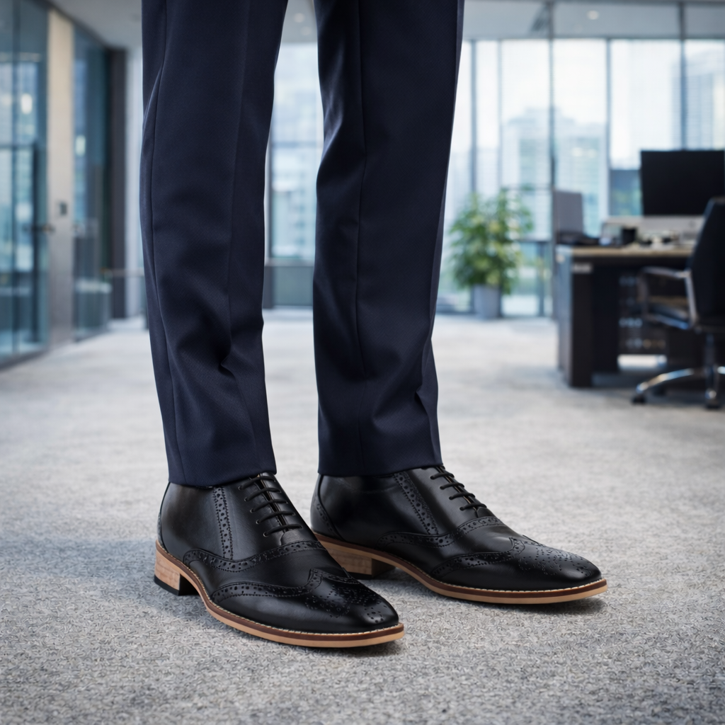 Elevator Shoes : 3″Inches Hidden Height Increasing Black leather Brogue Shoes.