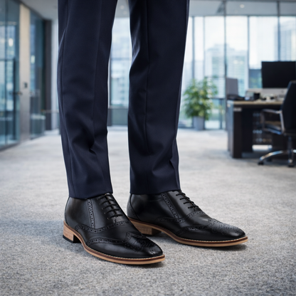 Elevator Shoes : 3″Inches Hidden Height Increasing Black leather Brogue Shoes.