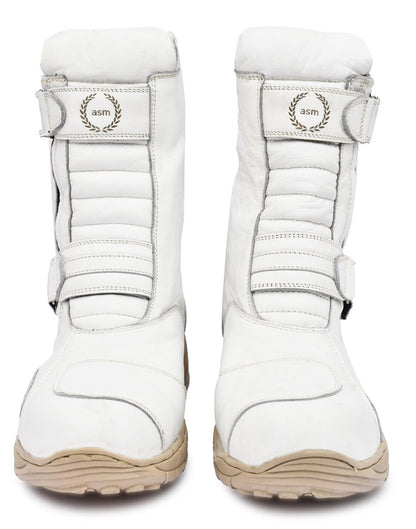 Biker Boots : Waterproof White leather Rider boots for bikers with Memory foam footpad.