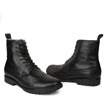 Elevator Boots : 3″Inches Hidden Height Increasing Black leather Brogue Shoes.