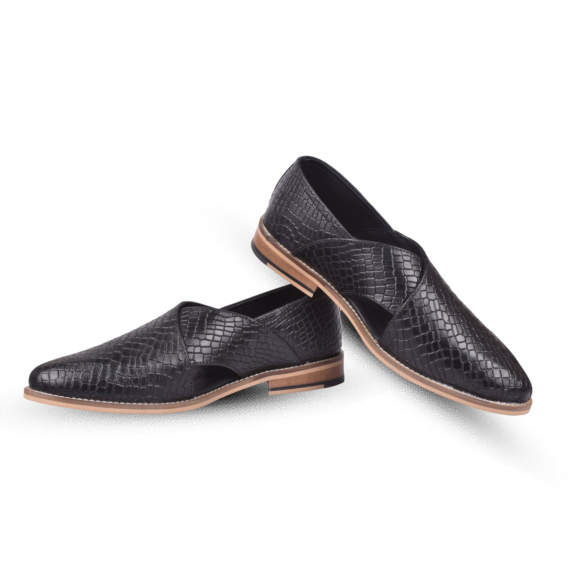 Peshawari : Black Alligator embossed leather handmade Peshawari with Memory foam footpad. Article : P01_Alligator_Black