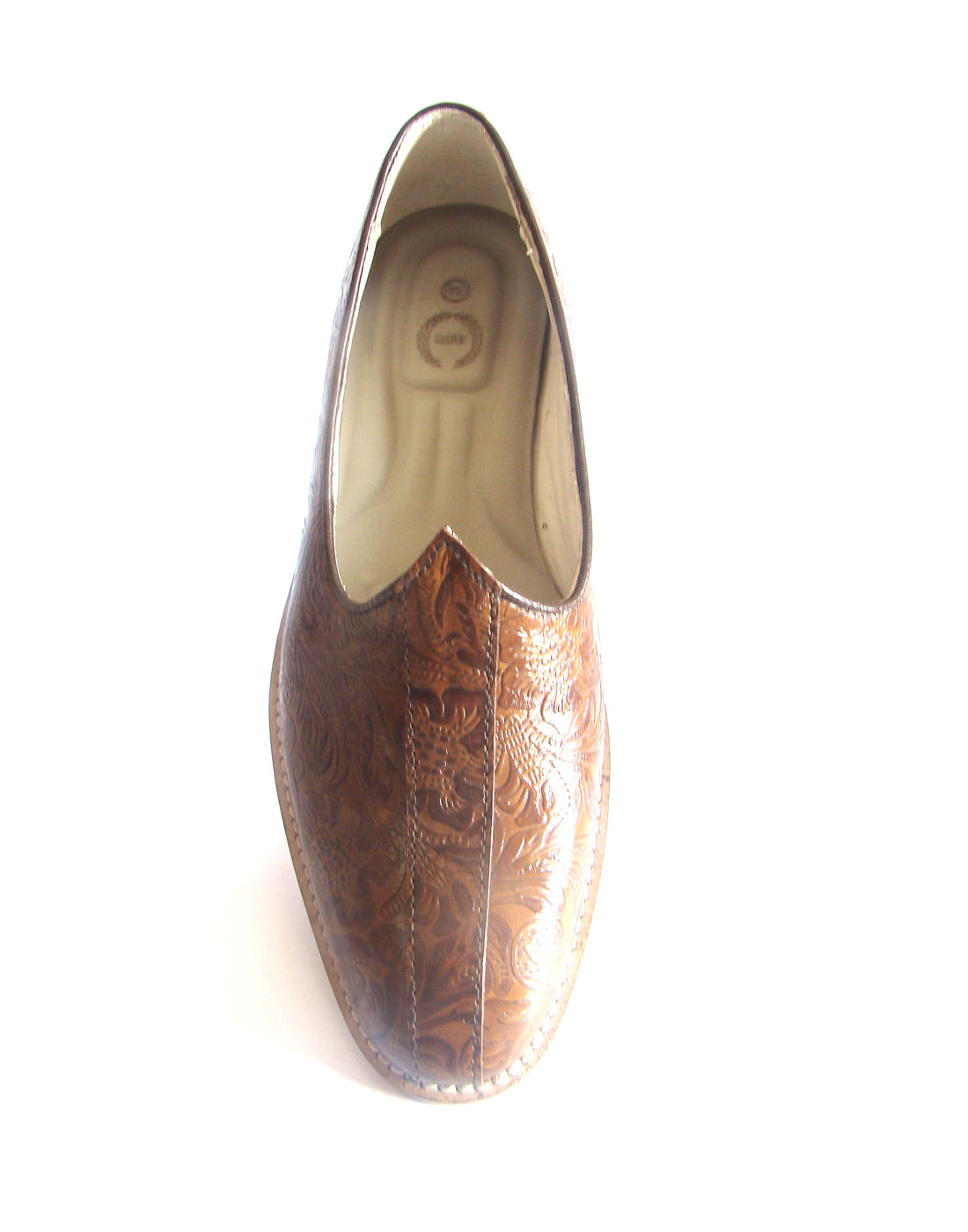 Tan Flora leather Nagras with Memory Foam Footpad - Handmade Luxury Ethnic footwear.