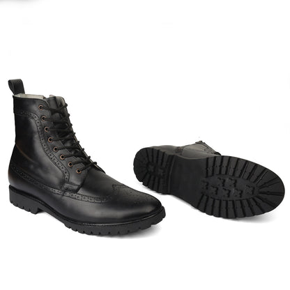 Elevator Boots : 3″Inches Hidden Height Increasing Black leather Brogue Shoes.