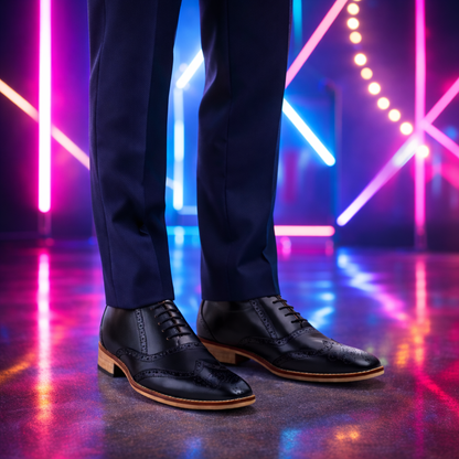 Elevator Shoes : 3″Inches Hidden Height Increasing Black leather Brogue Shoes.