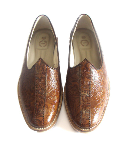 Tan Flora leather Nagras with Memory Foam Footpad - Handmade Luxury Ethnic footwear.