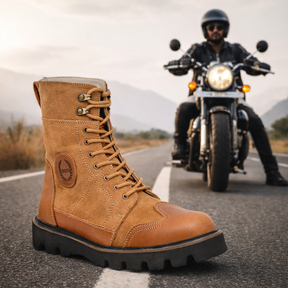 Rider Boots : Urban Rugged & Suede Tan leather boots for bikers with EVA Sole. - Agra Shoe Mart